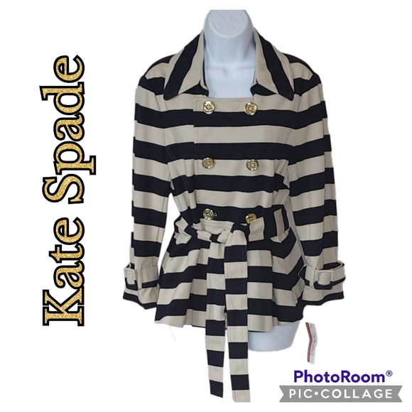 Kate Spade Casual Coat/Jacket Stripes Pleats Bow Belted Pockets Gold Buttons